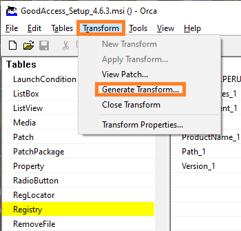 ORCA tool with "Generate Transform" selected from Transform menu.