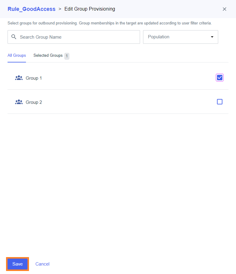 Ping Identity Admin console with key steps to setting up the "Group Provisioning".