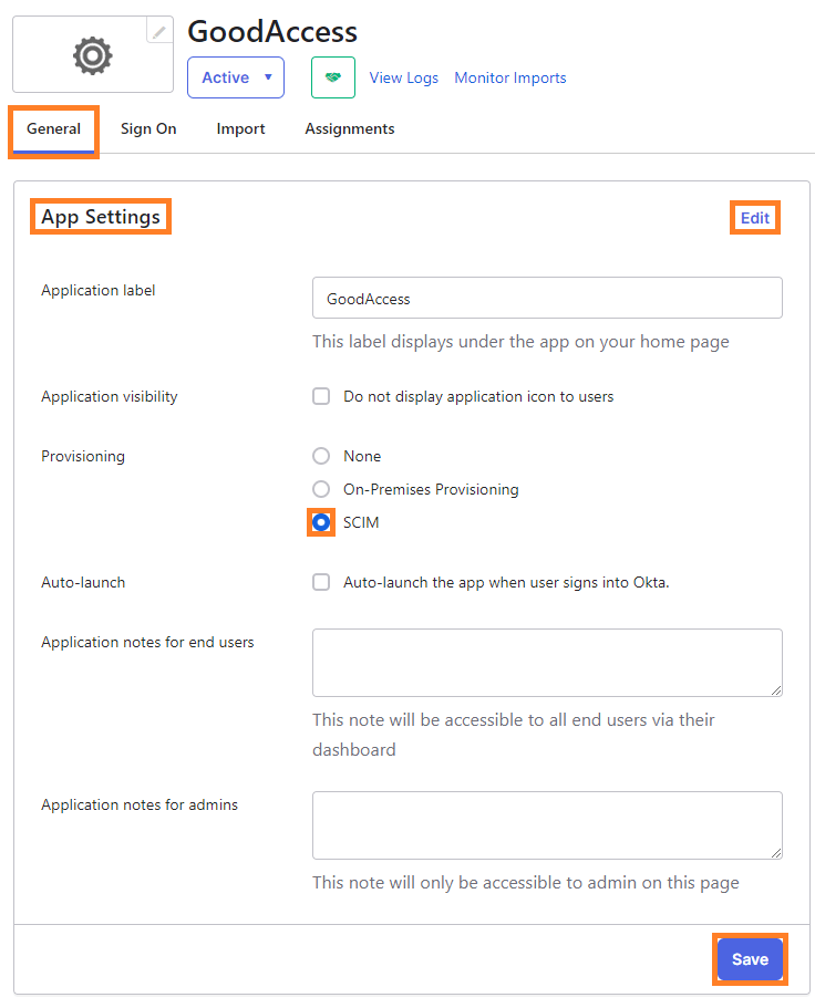 Okta Admin console with key steps to enabling SCIM.