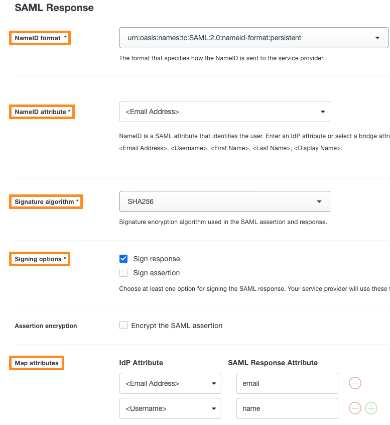Duo Admin Panel with key steps to setting up the SAML Response details.
