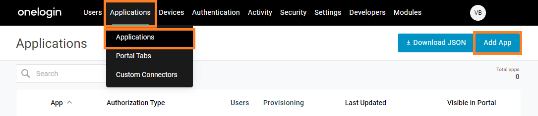 OneLogin Admin console with key steps to adding a new custom SAML application.
