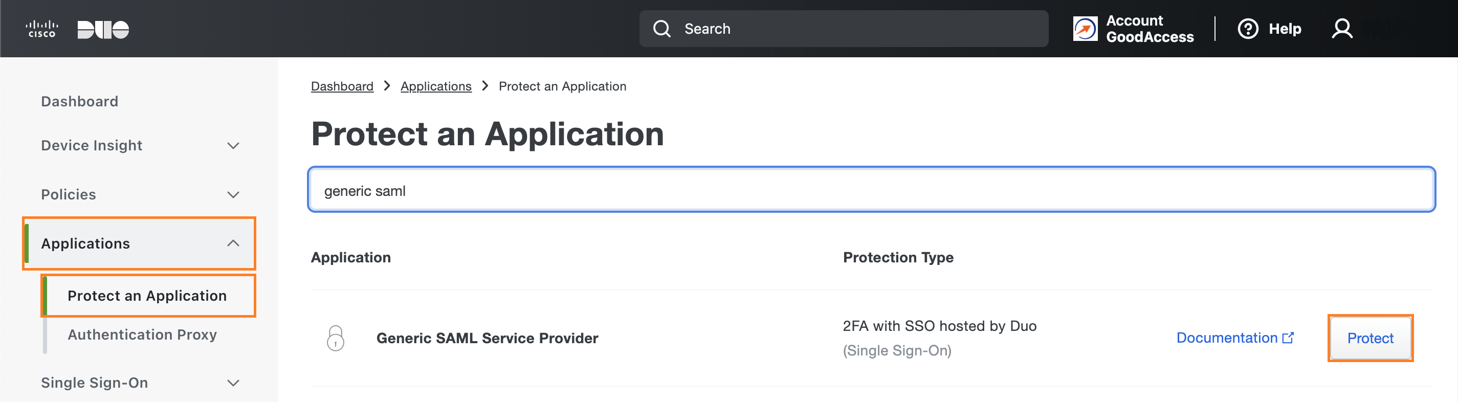 Duo Admin Panel with key steps to protecting a new application.