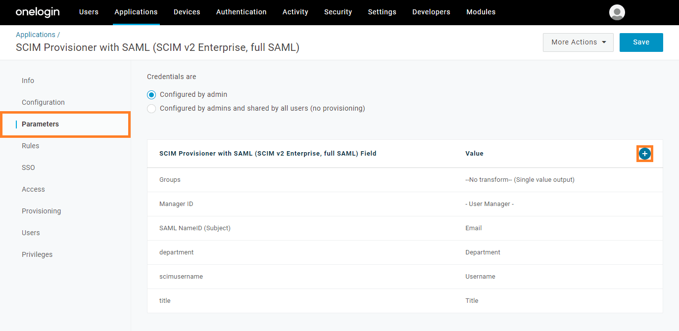 OneLogin Admin console with key steps to setting up the "Parameters".