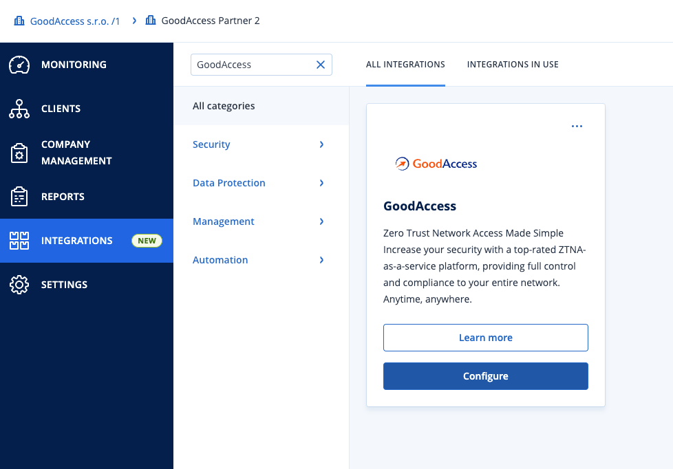 Integrations section of the Acronis Portal.