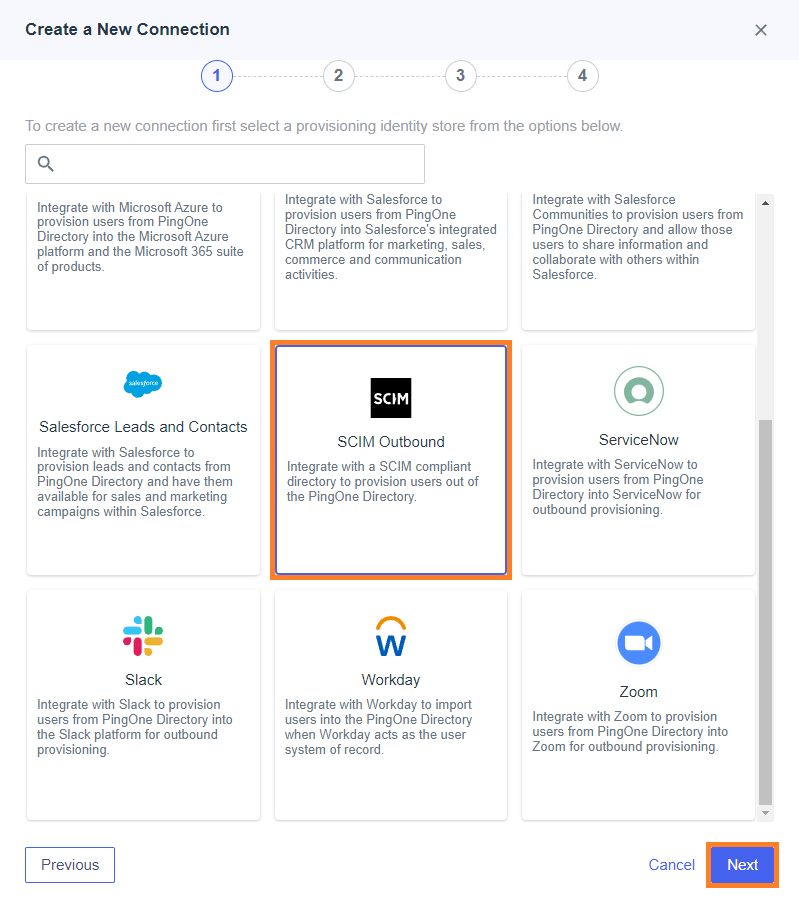 Ping Identity Admin console with key steps to creating a new provisioning connection.
