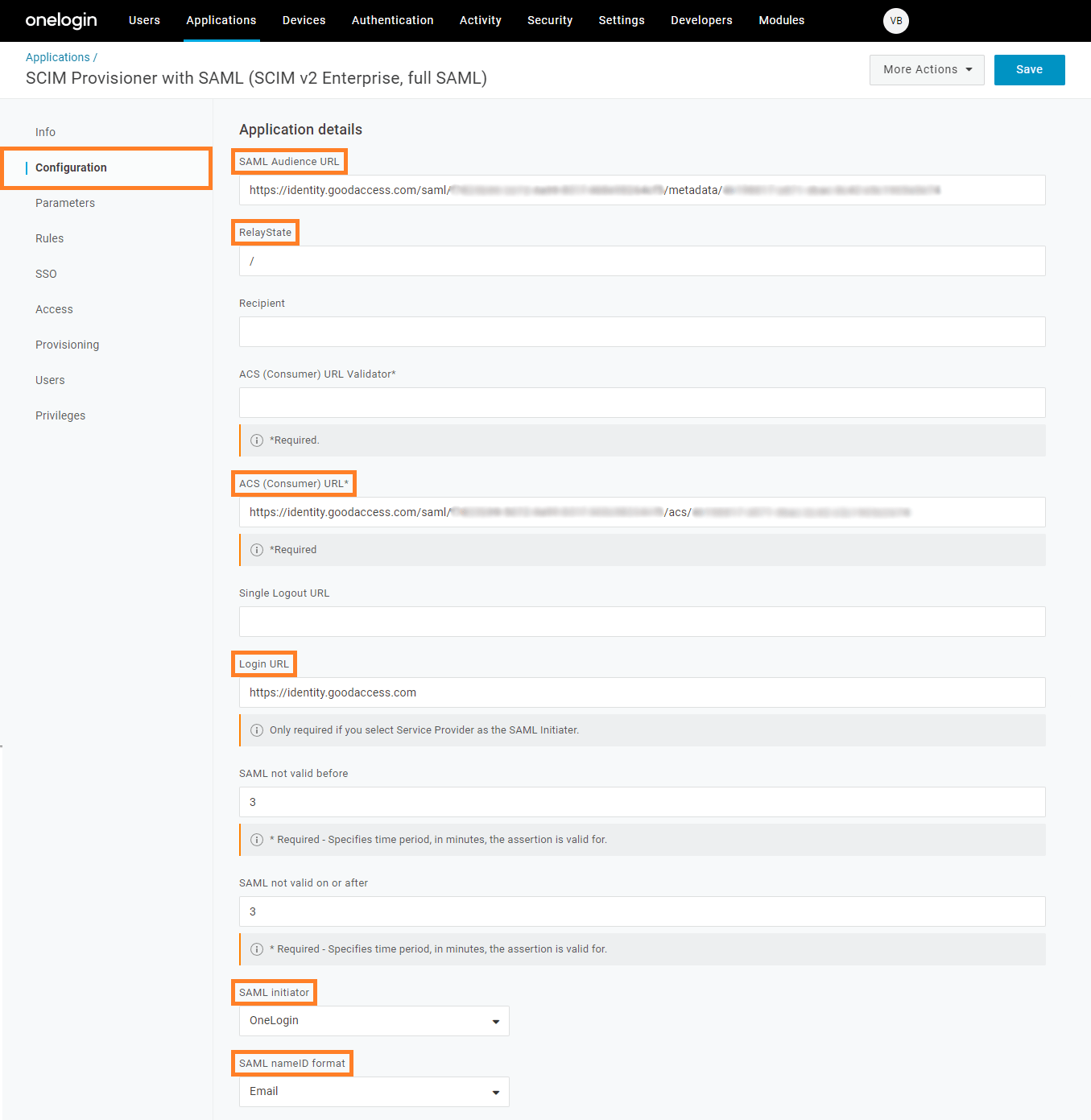 OneLogin Admin console with key steps to setting up the "Configuration".