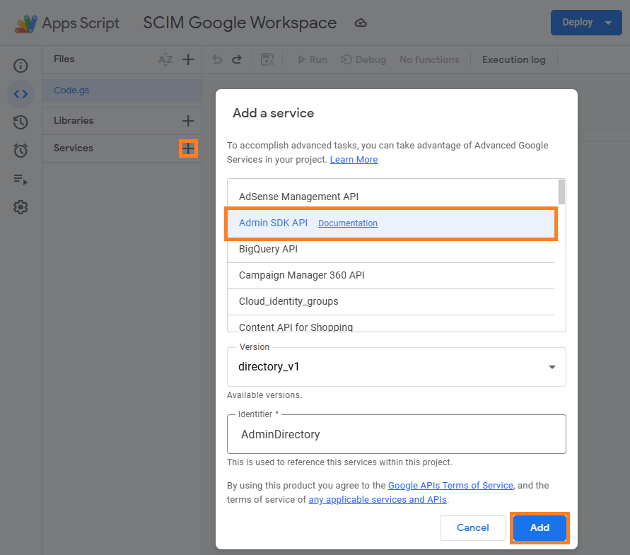 Google Apps Script project with key steps to adding Admin SDK API service.