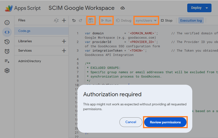 Google Apps Script project with key steps to authorizing the script.
