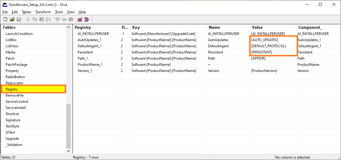 ORCA tool showing Registry page for editing optional arguments.