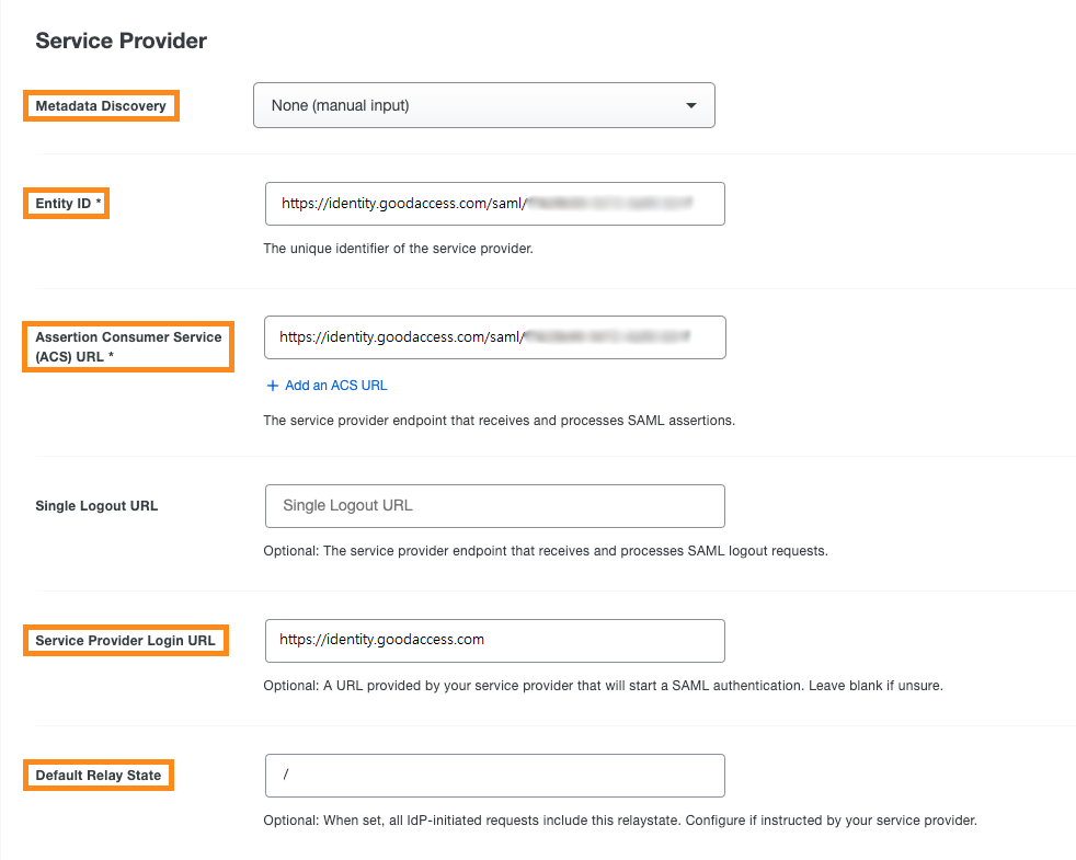 Duo Admin Panel with key steps to setting up the Service Provider details.