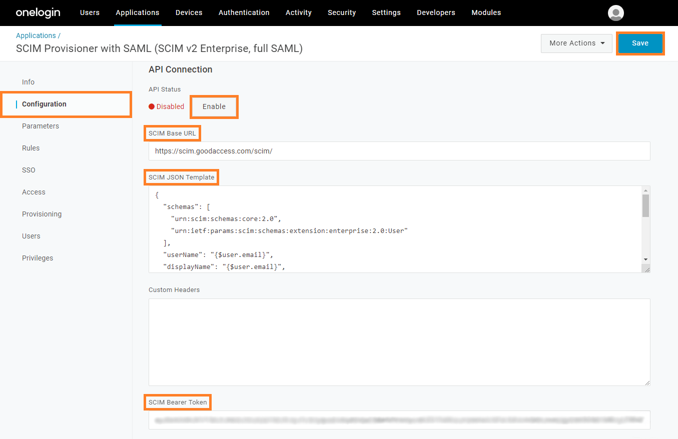 OneLogin Admin console with key steps to setting up the "API Connection".