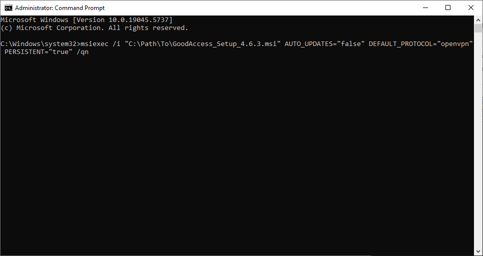 CMD with msiexec sample command.