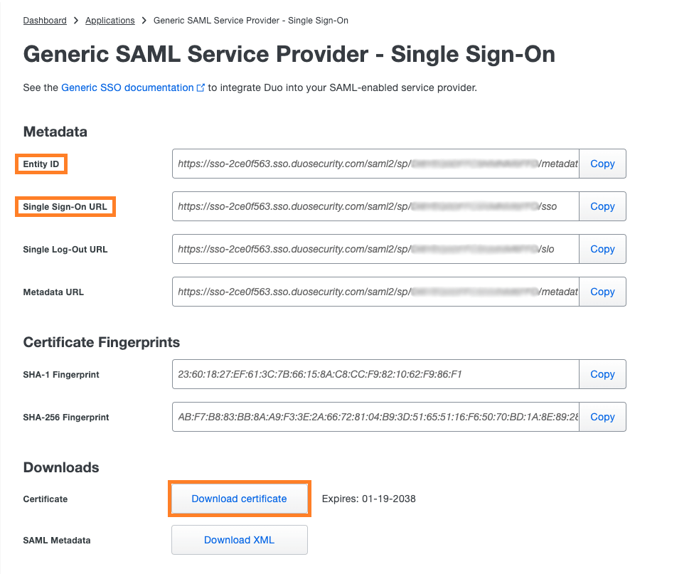 Duo Admin Panel with key steps to setting up the Identity Provider details.