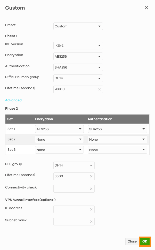 Nebula Control Center showing configuration for the Phase 1 and 2 section of an IPSec policy.