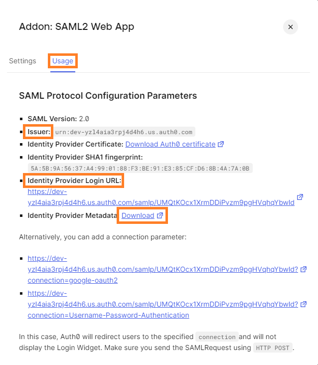 Auth0 Admin console with key steps to setting up the "Usage".