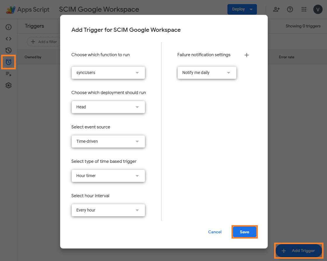 Google Apps Script project with key steps to creating a trigger for the script.