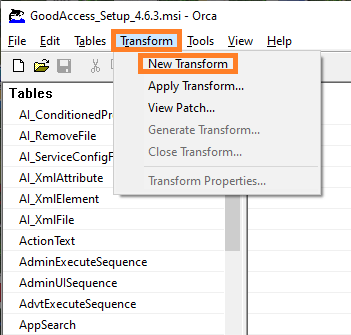 ORCA tool with "New Transform" selected from Transform menu.